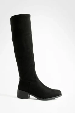 Over The Knee Boots|Knee High Boots*boohoo Faux Suede Oversized Leg Flat Knee High Boots black