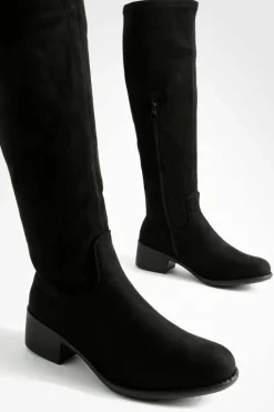 Over The Knee Boots|Knee High Boots*boohoo Faux Suede Oversized Leg Flat Knee High Boots black