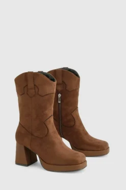 Heeled Boots|Ankle Boots*boohoo Faux Suede Platform Wooden Heel Detail Ankle Boot brown