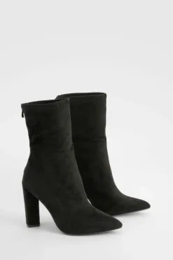 Heels|Heeled Boots*boohoo Faux Suede Pointed Block Heel Sock Boots black