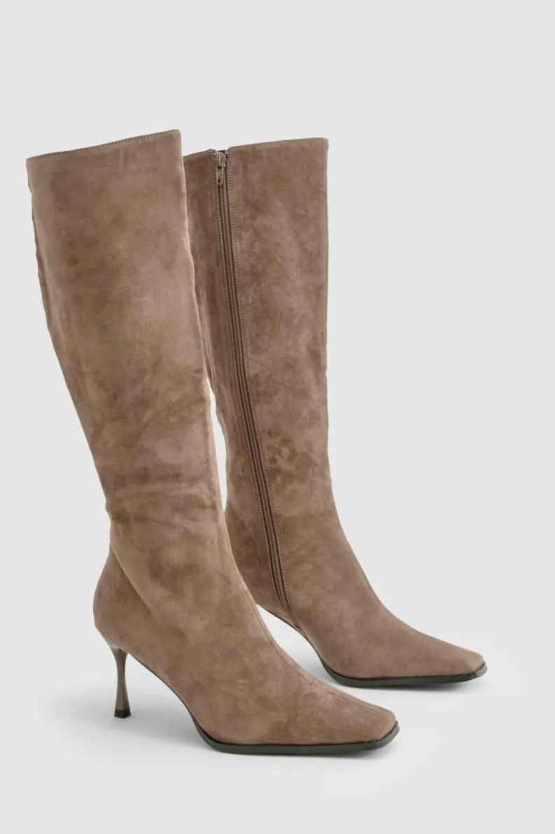 Over The Knee Boots|Knee High Boots*boohoo Faux Suede Pointed Toe Heeled Knee High Boots grey