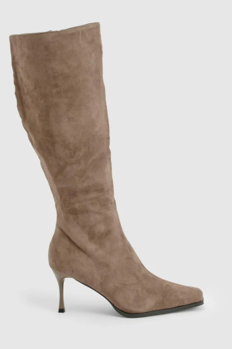 Over The Knee Boots|Knee High Boots*boohoo Faux Suede Pointed Toe Heeled Knee High Boots grey