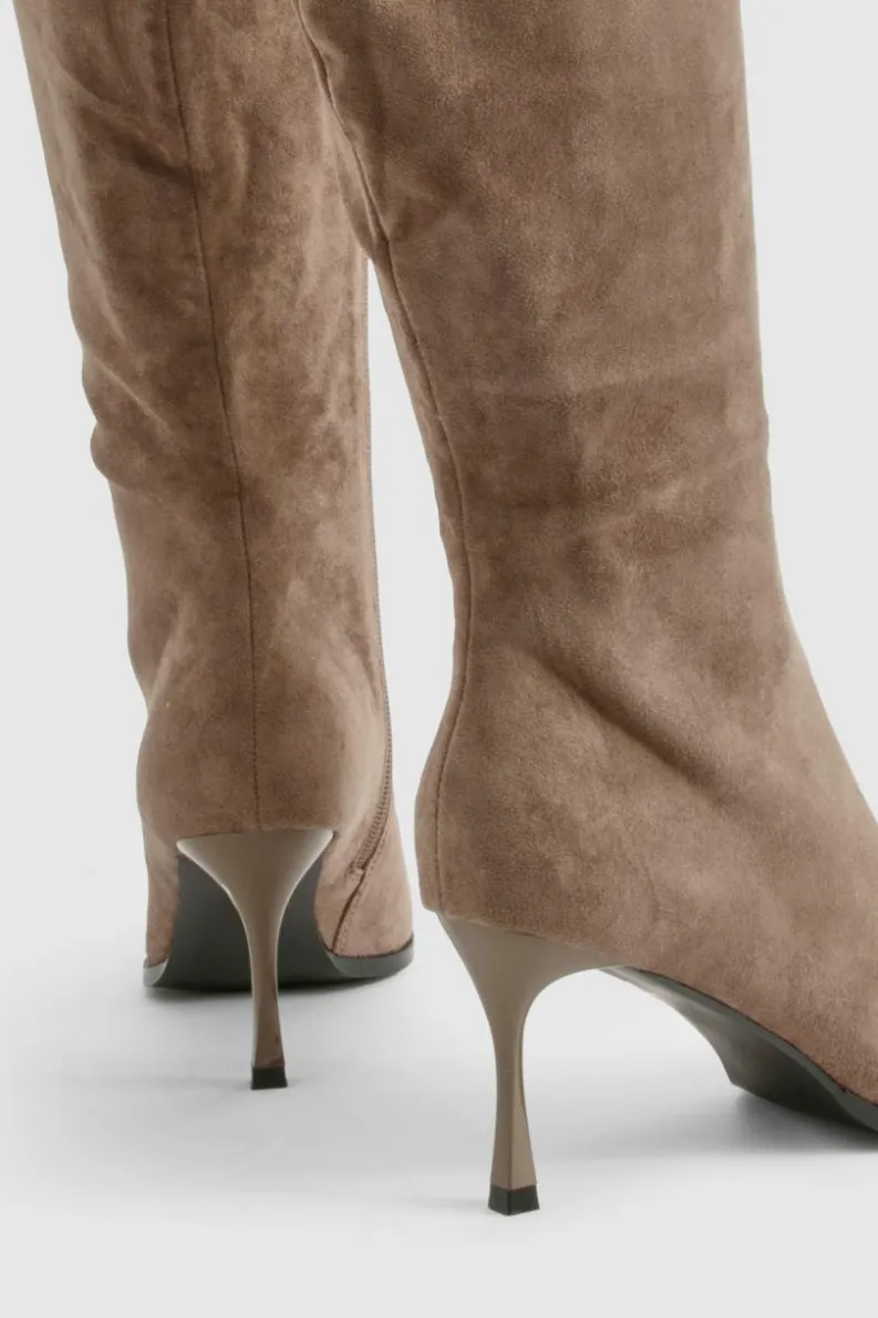 Over The Knee Boots|Knee High Boots*boohoo Faux Suede Pointed Toe Heeled Knee High Boots grey