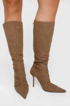 Cowboy Boots*NastyGal Faux Suede Rouch Pointed Toe Knee High Boots brown