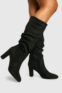 Over The Knee Boots|Knee High Boots*boohoo Faux Suede Ruched Knee High Boots black