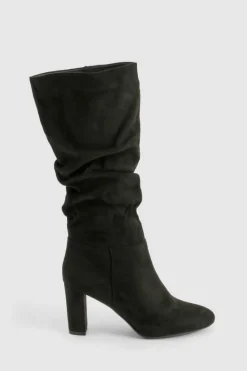Over The Knee Boots|Knee High Boots*boohoo Faux Suede Ruched Knee High Boots black