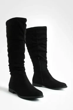 Over The Knee Boots|Knee High Boots*boohoo Faux Suede Slouchy Knee High Flat Boots black