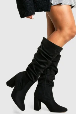 Heels|Over The Knee Boots*boohoo Faux Suede Slouchy Knee High Block Heel Boots black