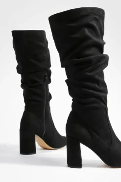Heels|Over The Knee Boots*boohoo Faux Suede Slouchy Knee High Block Heel Boots black