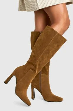Over The Knee Boots|Knee High Boots*boohoo Faux Suede Square Toe Flared Heel Knee High Boots taupe
