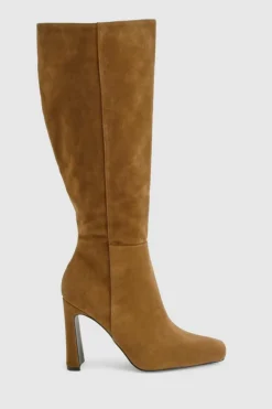 Over The Knee Boots|Knee High Boots*boohoo Faux Suede Square Toe Flared Heel Knee High Boots taupe