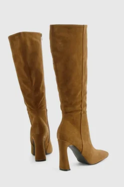 Over The Knee Boots|Knee High Boots*boohoo Faux Suede Square Toe Flared Heel Knee High Boots taupe