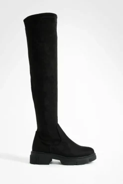 Over The Knee Boots|Knee High Boots*boohoo Faux Suede Stretch Knee High Boots black