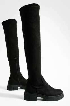 Over The Knee Boots|Knee High Boots*boohoo Faux Suede Stretch Knee High Boots black