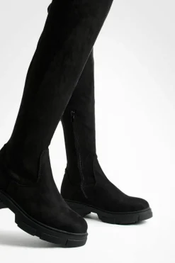 Over The Knee Boots|Knee High Boots*boohoo Faux Suede Stretch Knee High Boots black