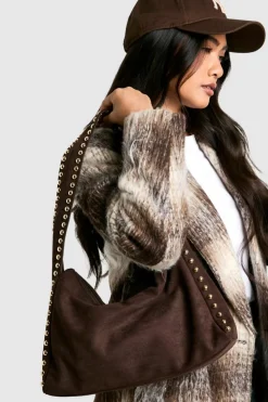 Shoulder Bags|Handbags*boohoo Faux Suede Studded Handle Slouchy Shoulder Bag chocolate