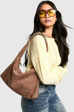 Shoulder Bags|Handbags*boohoo Faux Suede Studded Handle Slouchy Shoulder Bag taupe