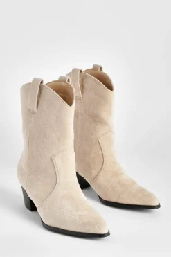 Cowboy Boots|Ankle Boots*boohoo Faux Suede Tab Detail Western Cowboy Ankle Boots beige