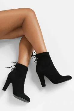 Heels|Heeled Boots*boohoo Faux Suede Tie Back Block Heel Sock Boots black