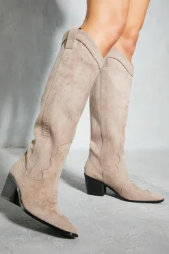 Cowboy Boots|Heeled Boots*MissPap Faux Suede Western Block Heel Boots taupe