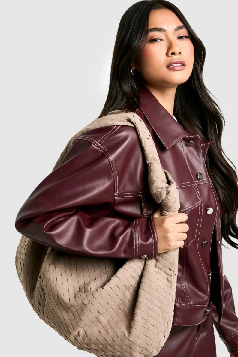 Woven Bags|Shoulder Bags*boohoo Faux Suede Woven Knot Oversized Shoulder Bag taupe