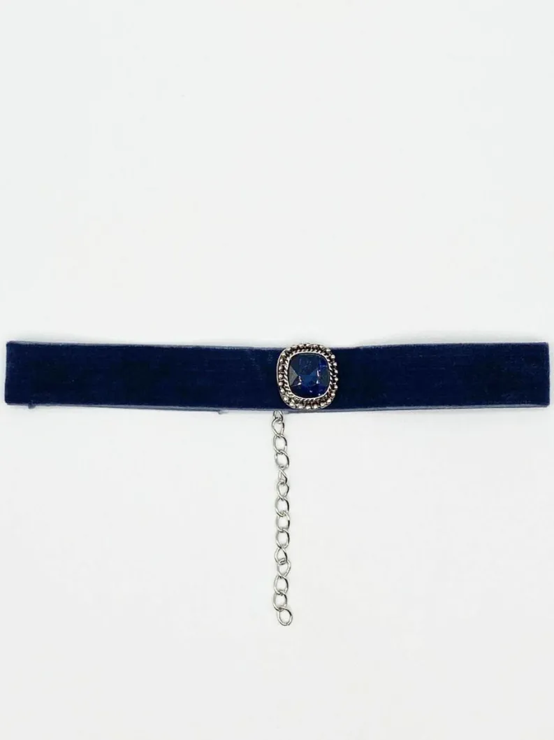 Necklaces*SVNX Faux Velvet Choker Necklace with Jewel Navy