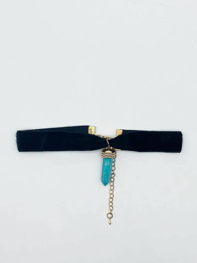 Necklaces*SVNX Faux Velvet Choker With Turquoise Stone Charm Teal