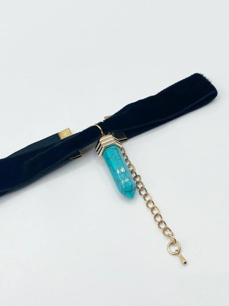 Necklaces*SVNX Faux Velvet Choker With Turquoise Stone Charm Teal