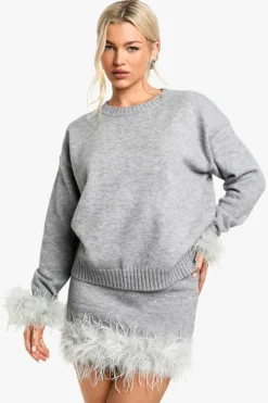 Oversized Jumpers*boohoo Feather Cuff Detail Knitted Oversized Jumper grey