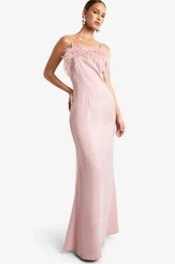Cami Dresses*boohoo Feather Trim Satin Maxi Slip Dress baby pink