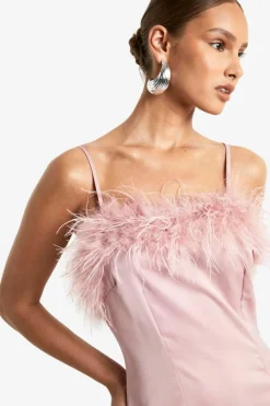 Cami Dresses*boohoo Feather Trim Satin Maxi Slip Dress baby pink