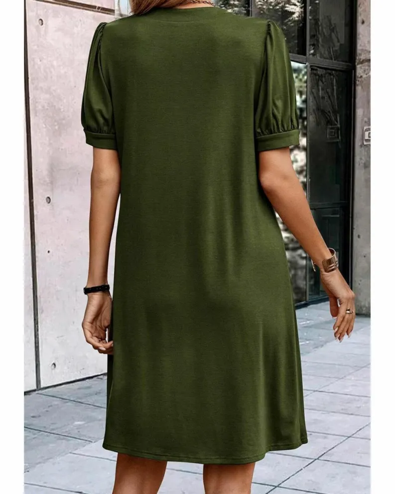 Shirt Dresses|T-Shirt Dresses*Azura Exchange Fern Green Notched Neck Pleated Puff Sleeve Shift T-shirt Dress Multi