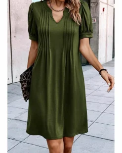 Shirt Dresses|T-Shirt Dresses*Azura Exchange Fern Green Notched Neck Pleated Puff Sleeve Shift T-shirt Dress Multi