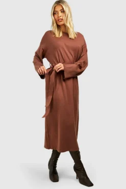 Jumper Dresses|Jumper Dresses*boohoo Fine Gauge Belted Knitted Midaxi Dress chocolate
