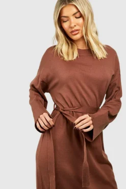 Jumper Dresses|Jumper Dresses*boohoo Fine Gauge Belted Knitted Midaxi Dress chocolate