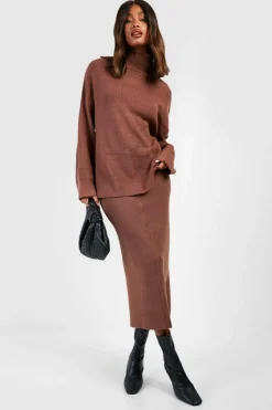 Knitted Co-Ords*boohoo Fine Gauge Roll Neck Jumper And Skirt Knitted Set chocolate