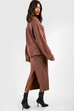Knitted Co-Ords*boohoo Fine Gauge Roll Neck Jumper And Skirt Knitted Set chocolate
