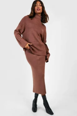 Knitted Co-Ords*boohoo Fine Gauge Roll Neck Jumper And Skirt Knitted Set chocolate
