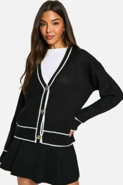 Cardigans*boohoo Fisherman Knitted Contrast Piping Cardigan black