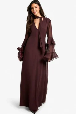 Maxi Dresses|Long Sleeve Dresses*boohoo Flare Sleeve Chiffon Maxi Dress plum