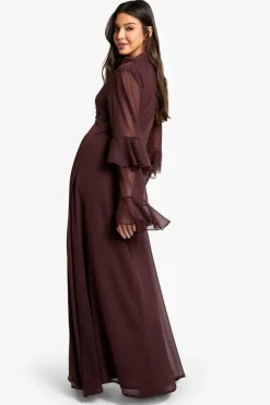 Maxi Dresses|Long Sleeve Dresses*boohoo Flare Sleeve Chiffon Maxi Dress plum