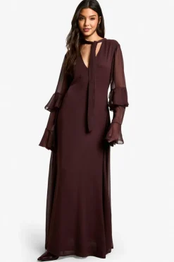 Maxi Dresses|Long Sleeve Dresses*boohoo Flare Sleeve Chiffon Maxi Dress plum