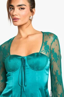 Mini Dresses|Long Sleeve Dresses*boohoo Flare Sleeve Lace Mini Dress green