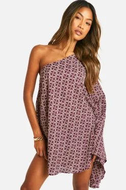 Smock Dresses*boohoo Flare Sleeve Printed Satin Mini Dress chocolate