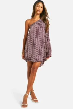 Smock Dresses*boohoo Flare Sleeve Printed Satin Mini Dress chocolate