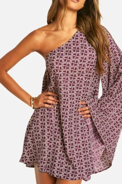 Smock Dresses*boohoo Flare Sleeve Printed Satin Mini Dress chocolate