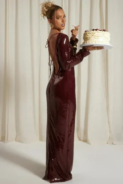 Maxi Dresses*boohoo Flare Sleeve Tie Back Column Sequin Maxi Dress red