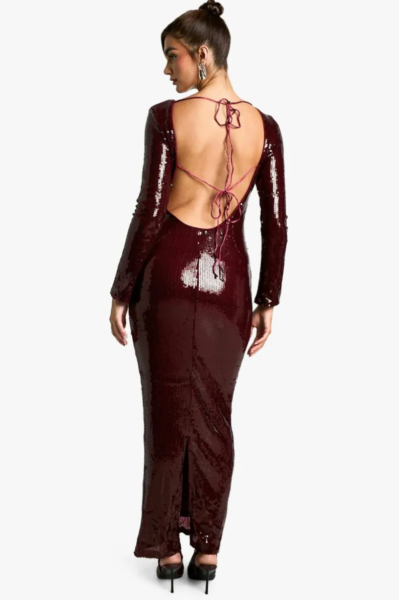 Maxi Dresses*boohoo Flare Sleeve Tie Back Column Sequin Maxi Dress red