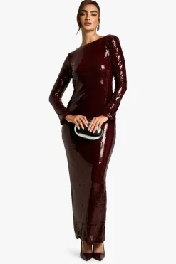 Maxi Dresses*boohoo Flare Sleeve Tie Back Column Sequin Maxi Dress red