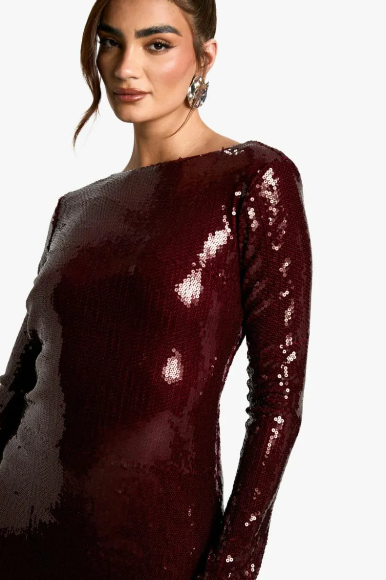 Maxi Dresses*boohoo Flare Sleeve Tie Back Column Sequin Maxi Dress red
